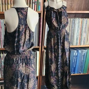 S 100% silk racerback maxi dress black with tan and pink abstract pattern